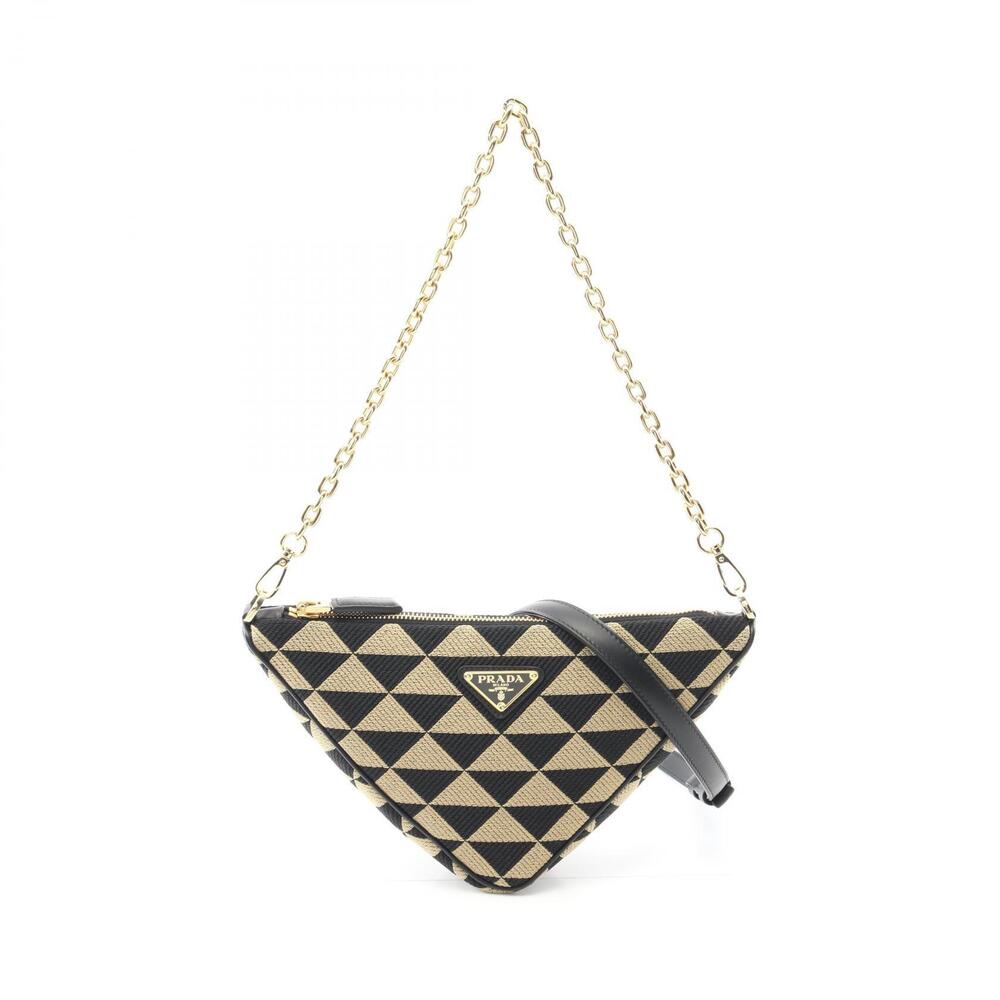 Prada Triangle Shoulder Bag Canvas Leather Beige Black